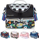 idensic Kids Double Decker Cooler Insulated Lunch Bag for Boys, Girls, Men, Women, with Adjustable Strap Reusable Toddler Lunchbox for School and Daycare Cute Travel Bags (Black Football)