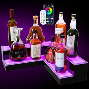 Corner Led Lighted Liquor Bottle Display Shelf, 20 Inch 2 Tier Whiskey Rack, Support USB, Bar Stand with RF Remote & App Control, Illuminated Acrylic Lighting Shelves for Home Bar, Party