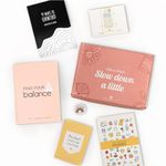 Slow Down a Little Combo Journal Kit - Find Your Balance 4Month Planner (Sunset Peach); 99 Ways to Unwind Destress Journal; Sticker Book; Pocket Journal; Set of 12 postcards; Fridge Magnet