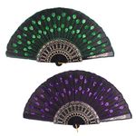 Morices 2 Pcs Sequin Folding Fans, Elegant Embroidered Flower Peacock Pattern Handheld Fan, Decorative Hand Fans for Dancing Wedding Party Favors Gift Wall Hanging Decoration (Green + Purple)