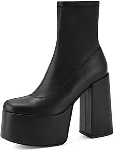 Easyfox Platform Boots for Women Mid Calf Chunky High Heels Ankle Booties Slip on Round Toe Elastic PU Leather Short Boots, Black Pu, 8.5