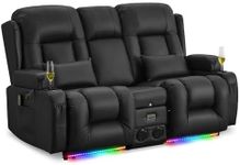 URRED Loveseat Recliner Sofa with Massage and Heat, Power Reclining Loveseat Sofa RV Couch with Console, Home Theater Seating with LED Lights, Bluetooth Speakers, USB, Outlets, Faux Leather, Black
