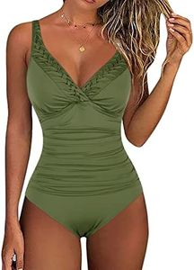 Hilor Women's One Piece Swimsuits Pin Tucked Surplice Swimwear Tummy Control Bathing Suits Monokinis Olive Me 8