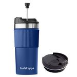 InstaCuppa Portable French Press Travel Mug for Coffee with Extra Lid, Durable Steel Mesh Filter, Spill-Proof, Easy to Grip,Perfect for Busy Moms On The Go, 400 ML,Navy Blue