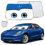 Gven Car Windshield Sun Shade for Tesla Model 3 Model Y Car Sunshade Funny Cartoon Eyes Sun Protector 2 Way Use, Accessories for Tesla Model 3/Y (Blue)