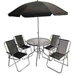 Samuel ALEXANDER 4 Seater Garden Table And Chairs Set 4 Folding Chairs Outdoor Glass Table Garden Dining Set With Black Parasol Umbrella Patio Furniture Set