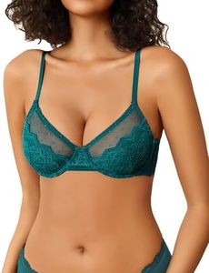 Avidlove Minimizer Bras for Women Sheer Balconette Underwire Unlined Everyday Bras Lingerie Bluish Green XXL