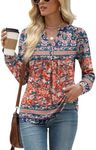 LOMON Fall Floral Long Sleeve Shirts for Women Henley V Neck T-Shirt Pleated Tops Dressy Casual Outfits Pullover Tunic, XXL