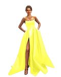 Ever-Beauty Womens Long Strapless Satin Prom Dress Sleeveless Slit Evening Ball Gown with Pockets Yellow Plus Size 18