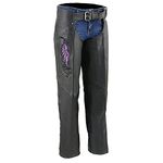 Milwaukee Leather Chaps for Women Black Naked Skin- Classic Black and Purple Wing Embroidery Motorcycle Chap ML1179 - Medium