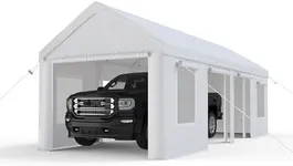 GarveeLife 13x25ft Carport, Heavy Duty Carport with Reinforced Steel Poles, Upgraded Portable Garage with Doors & Window, UV Resistant All-Season Waterproof Tarp, for Car, Truck, Boat(White)