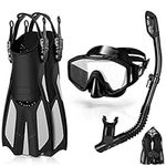 Odoland 4 in 1 Snorkel Set, Snorkeling Packages with Dry Top Diving Mask, Adjustable Swim Fins, Mesh Bag, Anti-Fog Anti-Leak Snorkeling Gear for Men Women,Black,L/XL