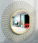 Artemade Golden Sunflower: Handcrafted Wire Mirror Decorative Mirror Wall Mounted Hanging Mirror Sculpture Metal Leaf Design Modern Art Mirror Home Decor (60 X 60 Cm)(Framed, Round, Gold)