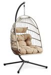 Hanging Chair with Frame, Foldable Egg Chair Outdoor Indoor, Rattan Hanging Egg Chair with Comfortable Cushion, Hammock Swing Chair for Garden Patio and Reading Corner, 160kg Weight Capacity