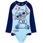 Disney Girls One Piece Swimsuit, Long Sleeve Swimming Costume - Girls Gifts (Light Blue Stitch, 11-12 Years)