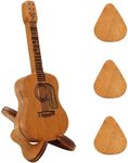 Wooden Acoustic Guitar Pick Box with Stand, Guitar Pick Holder with 3 Wooden Guitar Picks, Guitar Shaped Engraved Guitar Pick Case, Guitar Plectrum Box for Electric Bass Lovers (Wooden)