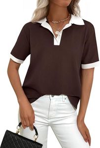 PRETTYGARDEN Summer Short Sleeve Polo Shirts for Women Collared V Neck Work Dressy Tops Knit Loose Business Casual Outfits(Brown,Medium)