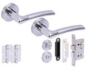 HANDLEZONE® Columba Premium Door Handles on Rose Bathroom Lock Pack with 75mm Ball Bearing Hinges and 76mm Lock - Dual Polished/Satin Chrome