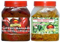 Sun Grow Food ( Combo Pack Of 2kg) Homemade Stuffed Banarasi Red Chilli Pickle ||Traditional Banarasi Flavor, Tasty & Spicy || 1kg--&-- ( Without Oil) Homemade Marwadi Rajasthani Green Chilli Pickle Lambi ( LONG) Hari mirch ka achar 1kg (To Serve From 2 States)