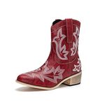 Ophestin Womens Western Cowboy Boots Low Chunky Pointed Toe Embroidery Wide Calf Cowgirl Boots PU Red 7UK