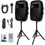 Proreck Dance 15 Portable 15-Inch 2000 Watt 2-Way Powered PA Speaker System Combo Set with Bluetooth/USB/SD Card Reader/FM Radio/Remote Control/LED Light