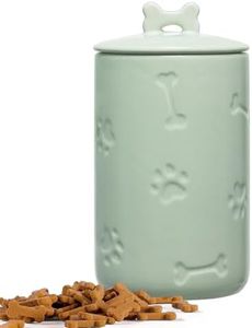 NIXBYO Dog Treat Container Airtight - 9"x5" Green Large Ceramic Dog Treat Jar for Kitchen Counter, Dog Cookie Jar with Lid - Farmhouse Style Dog Food Storage Container for Dogs, Cats, Pets