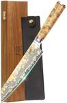 YOUSUNLONG Kiritsuke Chef Knife - 8 Inch Japanese Copper Damascus Steel Blade - Razor Sharp Kitchen Knives - Handmade Cooking Knife - Naturel Burl Wooden Handle with Leather