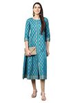 Yash Gallery Plus Size Indian Cotton Gold Printed Anarkali Kurtis for Women (Teal Blue)