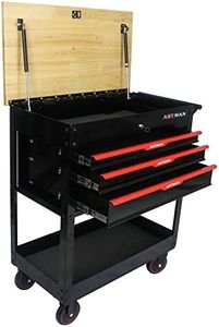 pouseayar 38" Steel Tool Trolley, 3 Drawers Multifunctional Tool Cart with Wheels and Wooden Top, Tool Storage Cart with Lock for Garage, Warehouse, Repair Shop, Workshop - Red