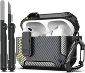 FACTOTECH AirPods Pro 2nd Generation Case Cover with Cleaner Kit, Military Hard Shell Protective Armor with Lock for AirPod Gen 2 Charging Case 2022,2023,2024 Front LED Visible- Carbon Fiber ASH