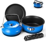 Odoland 5pcs Camping Cookware Mess Kit, Non-Stick Lightweight Pot Pan Kettle Set with a removable handle - Perfect for Backpacking, Camping, Hiking, and Picnic Blue