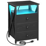 LED Nightstands Set of 2, End Side Table with Charging Station, Bedside Table with USB Port & Power Outlet, Modern Night Stand with Fabric Storage Drawers HET053LBK1