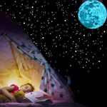 Desi Rang Glow in The Dark Stars & Moon (407 Tiny Stars, one 30 cm Moon, Blue) Wall Stickers 3D Luminous Ceiling Decals for Kids Bedroom, Nursery & Home Decor Self-Adhesive Radium Starry Sky Set