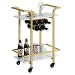 HOOBRO Gold Bar Cart for Home, 2-Tier Serving Cart with Wine Rack, Kitchen Cart with Lockable Wheels, Rolling Wine Cart for Living Room, Party, Bar, White and Gold DW56TC01