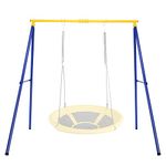 GYMAX Kids Swing Frame, Heavy Duty Metal Swing Stand with Ground Stakes, Garden Single Swing A Frame for Outdoor Indoor, 250kg Weight Capacity (Yellow+Blue)