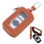 Amabro Leather Car Key Fob Case, Car Key Holder with Metal Hook and Keyring Zipper Bag Transparent Window Auto Key Case Cover Protector for Men Women(Brown)