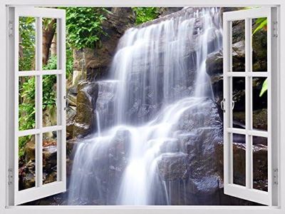 Huge 3D Vinyl Wall Decal Decal, White Window Frame Style Home Décor Art Removable Wall Decal, 33.5"x 45" (Waterfall Rocks W85)