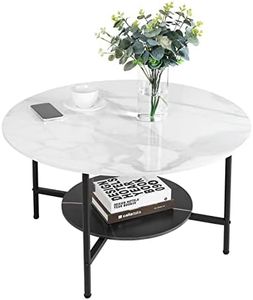 Round Coffee Table 80cm Large Marble Table Sleek Centre Accent Table Genuine Sintered Stone Table White and Black Marble Top with Matt Black Frame Designed 2-Tier Coffee Table for Living Room