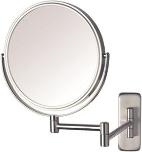 JERDON Two-Sided Wall Mounted Nickel Finish Makeup Mirror - 5X-1X Magnification - 8” Diameter Mirror Extends 13.5” - Model JP7506N