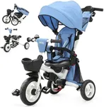 JMMD Baby Tricycle, 7-in-1 Folding Kids Trike with Adjustable Parent Handle, Safety Harness & Wheel Brakes, Removable Canopy, Storage, Stroller Bike Gift for Toddlers 18 Months - 5 Years(Blue)