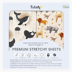 Graco Pack and Play Sheets Fitted, TotAha Buttery Soft Mini Crib Sheets Boy, Hypoallergenic Neutral Pack N Play Mattress Sheets, Premium Jersey Playrad Sheets, Zoo Safari & Sea Animals, 2 Pack