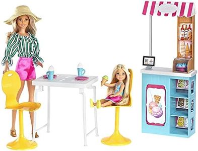 ​Barbie Ice Cream Cafe Playset with Barbie Doll and Chelsea Doll, Store Frame, Table, 2 Chairs and Food Accessories for Kids 3 to 7 Years Old