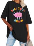 FLOYU Women Teacher Shirts Kiss Your Brain Teacher Shirt Special Education Teacher Tops Casual Teacher Life Clothes, Black, Medium