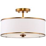 Kira Home Chloe 15" Retro Modern 3-Light Semi-Flush Mount Ceiling Light + White Drum Shade, LED Compatible, Round Tempered Glass Diffuser, Warm Brass Trim Finish