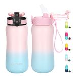 Oldley Insulated Water Bottle 12oz Kids Water Bottles with Straw, Stainless Steel Water Bottle with 2 Lids, Double Wall Vacuum Bottle, Leak-Proof Sports Bottles for School Travel, Light Pink-Blue