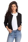 Roman Originals Cropped Bolero Jacket for Women UK Ladies Wedding Guests Shrug Jacquard Tailored Fitted Blazer Smart Work Formal Evening Short Round Collar 2 Pockets - Plain Black - Size 14