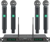 Phenyx Pro Wireless Microphone System, 4-Channel UHF Wireless Mic, Fixed Frequency Metal Cordless Mic with 4 Handheld Dynamic Microphones, 260ft Range, Microphone for Singing,Church(PTU-5000-4H)