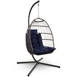 SereneLife Foldable Egg Chair - Rattan Wicker Hanging Swing Chair with Stand, Waterproof Cushion & Headrest, Cozy Outdoor/Indoor Egg Chair for Patio, Bedroom, Porch, Garden (Deep Blue)