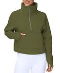 THE GYM PEOPLE Womens' Half Zip Pullover Fleece Stand Collar Crop Sweatshirt with Pockets Thumb Hole Army Green