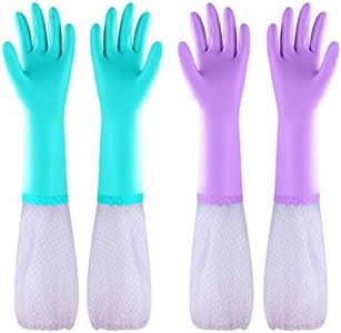 Elgood Reusable Dishwashing Cleaning Gloves with Latex Free, Cotton Lining,Vinyl Kitchen Gloves Long Sleeve with Elastic 2 Pairs(Purple+Blue,Medium)